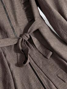 Mulvari Plus Size Casual Solid Color Ruffle Hem Front Zipper Jacket, Autumn - Grey - View 11