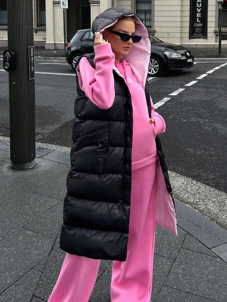 EURMUSE BLACK WINTER WOMEN COAT WITH PINK LINEN DETAIL - Black - View 1