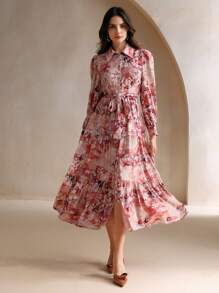 Anewsta 翻领长袖扎染花卉印花腰带荷叶边下摆优雅度假长裙女装 - 粉色 - 查看 3