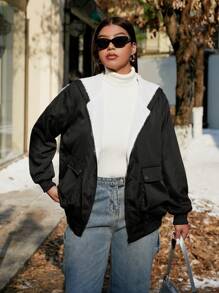 Flirla Áo khoác ấm dài tay đơn giản màu trơn giản dị - màu đen - Xem 7