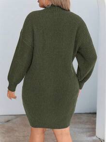 Elenzga Plus Size Solid Color Fitted Sweater Dress, Casual, Autumn/Winter Fall Cloth For Women - Army Green - View 2