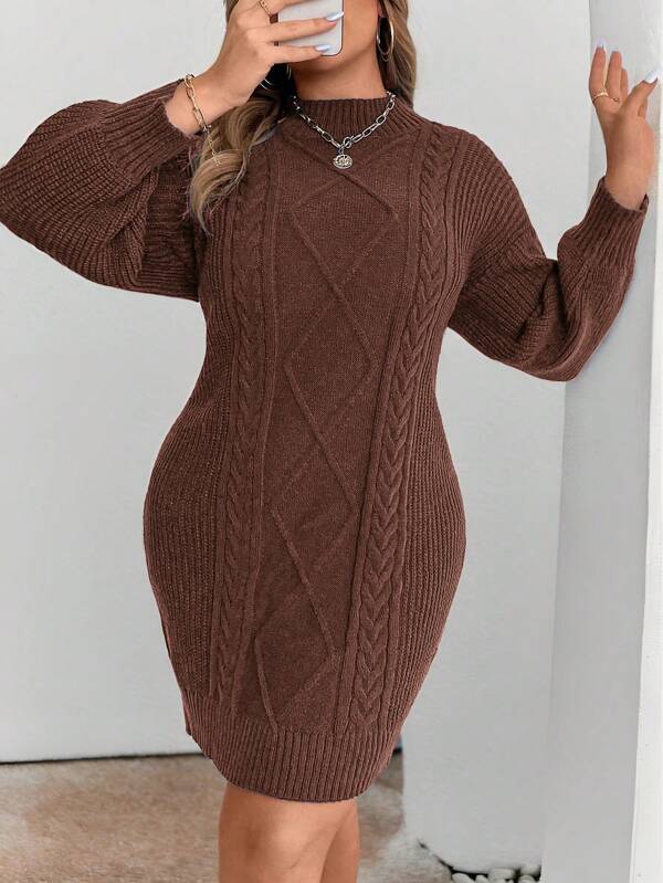 Elenzga Vestido de suéter ajustado de manga larga con cuello alto sólido, trenzado y bordado, para talla grande, para invierno