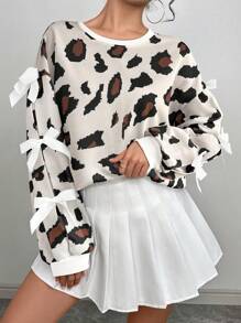 Chiquease 女士豹纹蝴蝶结装饰圆领长袖运动衫 - 彩色 - 查看 4