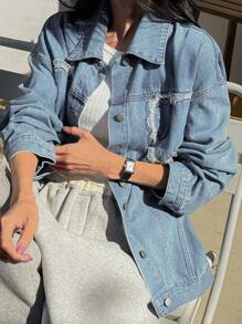 DAZY Women's Front Button Long Sleeve Lace Patchwork Casual Denim Jacket - Light Wash - View 2