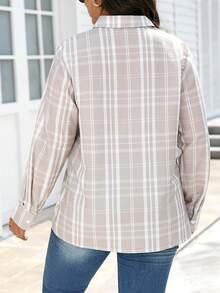 INAWLY Áo sơ mi polo dài tay kẻ caro cỡ lớn cho nữ, mùa thu - Màu Khaki - Xem 2