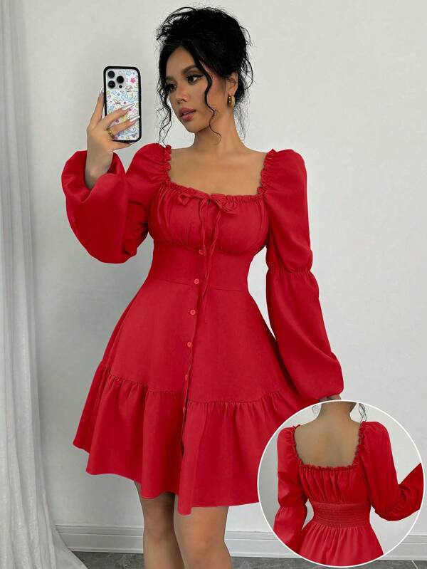 Rafferiza A-Line Scoop Neck Long Puff Sleeve Ruffle Hem Dress For New Year Clothes Fall Cloth For Women