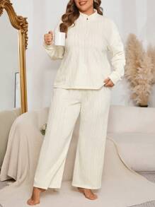 Plus Size Long Sleeve Jacquard Knit Front Zip Sweatshirt And Pants Pajama Set - Beige - View 3