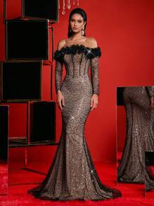 Glamrae 优雅红色露肩领口 3D 花卉胸罩杯骨腰收鱼尾连衣裙，适合婚礼、单身派对、度假、毕业典礼、舞会、非正式晚礼服、婚礼宾客礼服 - 黑色 - 查看 7