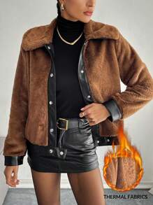 SHEIN Essnce Women's Chocolate Brown Winter Coat Thermal Winter Coat Colorblock Trim Front Button Fluffy Lined Keep Warm Winter Coat Winter Women Clothes Winter Women Coat Winter Outfits Winter Jacket