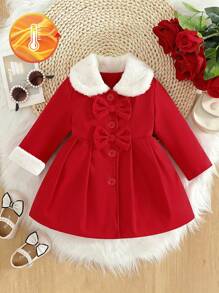 SHEIN Baby Girls' Furry Collar Bowknot Trench Coat, Autumn Winter
