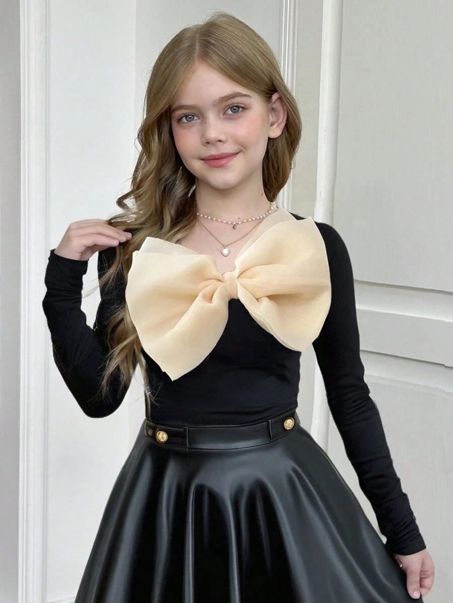 SHEIN Leap Crew Tween Girls 优雅撞色欧根纱蝴蝶结拼色正面大蝴蝶结方领长袖黑色针织 T 恤，适合秋冬、圣诞派对、学校活动 - 黑色 - 查看 1