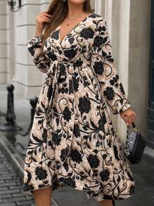SHEIN Clasi Vestido de envolver de manga farol con estampado floral talla grande, elegante para el otoño