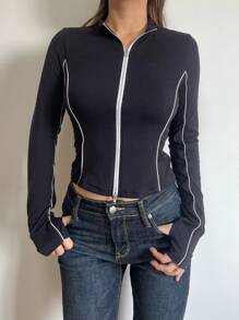 SHEIN BASICS 女式休闲运动修身短款前拉链高领长袖上衣 - 黑色 - 查看 5