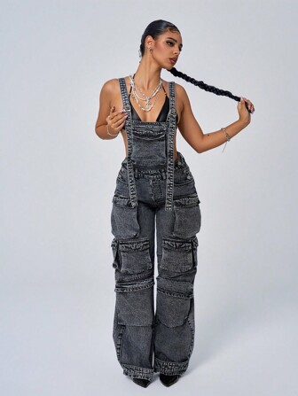 Jeanoix Y2K Solid Color Sleeveless Denim Overalls With Pockets And Thick Straps