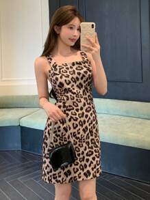 DAZY 女式简约豹纹无袖短款连衣裙，休闲日常猎豹印花秋冬 - 棕色 - 查看 8