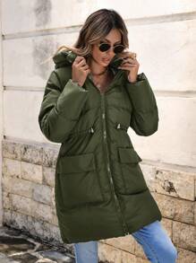EURMUSE Women Solid Color Hooded Long Sleeve Padded Coat With Pockets For Winter - Hijau Tentara - View 3