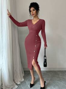 Váy len dài tay thanh lịch cổ chữ V ôm sát eo dành cho nữ, mùa thu - Gỗ đỏ - Xem 3