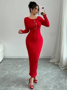 Chiquease 女士优雅修身露肩蝴蝶结装饰针织连衣裙 - 紅色 - 查看 5