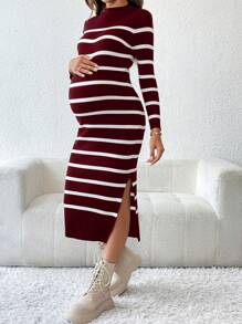 SHEIN Maternity Striped Round Neck Long Sleeve Side Slit Hem Long Sweater Dress, Autumn/Winter Fall Clothes
