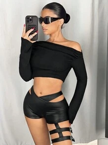 SHEIN ICON 紧身 V 领系腿装饰女式短款打底裤 - 黑色 - 查看 4