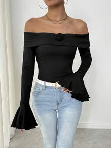 SHEIN Unity Sexy Form-Fitting Knit Off-Shoulder Flare Sleeve 3D Flower Decor Bodysuit, For Women, Autumn/Winter Fall Cloth For Women - Black - View 3
