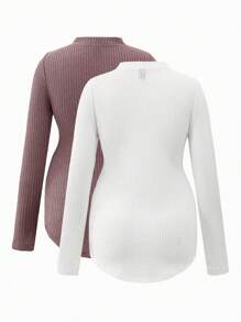 SHEIN 2 件套纯色孕妇纽扣半襟长袖休闲运动 T 恤 - 紅白色 - 查看 2