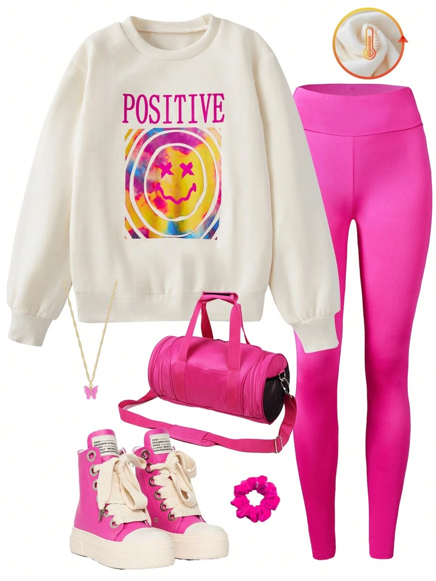 SHEIN Explorewe 2 件套青少年女孩宽松运动衫和修身玫瑰红色紧身裤，春/秋 - 玫紅色 - 查看 1