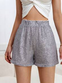 SHEIN Privé 女士时尚休闲松紧腰亮片短裤 - 銀色 - 查看 1