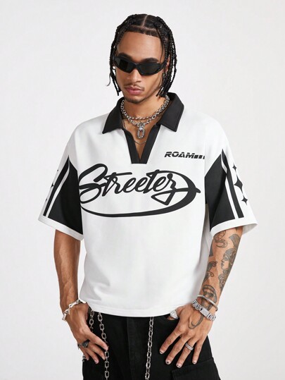 Manfinity RebelGame Camisa polo casual com estampa de letras da moda masculina e bloco de cores, para presente de namorado, para sair