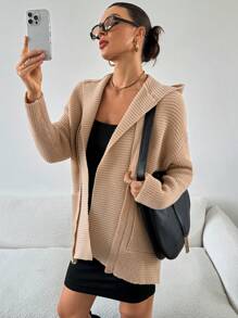 SHEIN Essnce Suéter con capucha mullido de mujer, cardigan largo de esenciales de otoño/invierno, suéter con capucha de manga larga color caqui, cardigan con capucha para mujer, informal para uso diario - Caqui - Ver 4