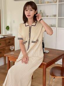 DAZY Váy len kẻ sọc tay ngắn cài nút cho nữ có xếp ly - Màu be - Xem 2