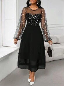 SHEIN Lady Váy midi lưới dài tay cổ tròn xòe màu đen thanh lịch cho mùa xuân và mùa thu và mùa đông - màu đen - Xem 8