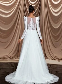 Glamrae Elegant & Luxurious V-Neck Long Sleeve Sexy Open Back Flared Dress With Train, Suitable For Wedding, Bachelorette Party, Holiday, Gala - Beige - View 5