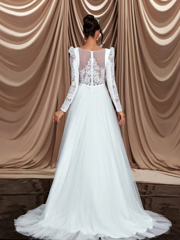 Glamrae Vestido Elegante e Luxuoso de Manga Longa com Decote em V Sexy, Costas Abertas e Evasê com Trem, Adequado para Casamento, Despedida de Solteira, Feriado, Gala - Bege - Visão 5