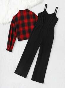 Tween Girls 2pcs Set: Casual Plaid Long Sleeve Collared Shirt And Jumpsuit Pants, Comfortable & Versatile