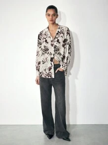 Maija 女士休闲衬衫领扣式长袖印花衬衫，简约时尚百搭，适合日常穿着，早春 - 黑色 - 查看 2