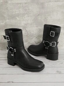 SHUZIA 女式黑色厚底摩托靴，双扣带和金色五金配件，舒适方头，日常款式，新年假期 - 黑色 - 查看 3