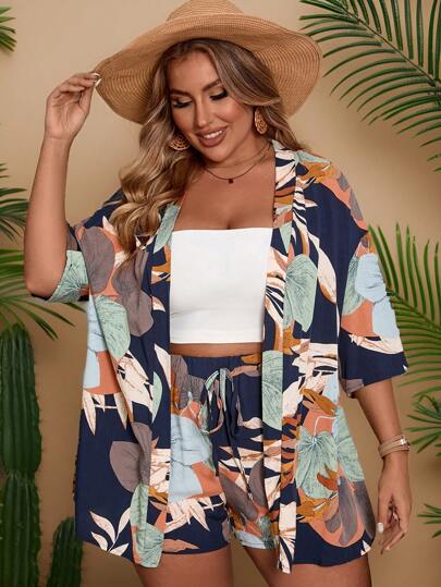 Travachic Plus Size Boho Summer Blue Tree Leaves Printed Kimono Shirt And Shorts Women Beach Two Pieces Set
