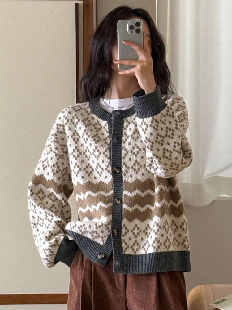 Floral Jacquard Pattern Loose Fit Crew Neck Cardigan For Women,Fall Women Clothes