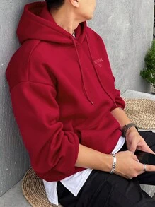 DAZY Men's Letter Print Long Sleeve Drawstring Hoodie Sweatshirt, Autumn - Red - View 9