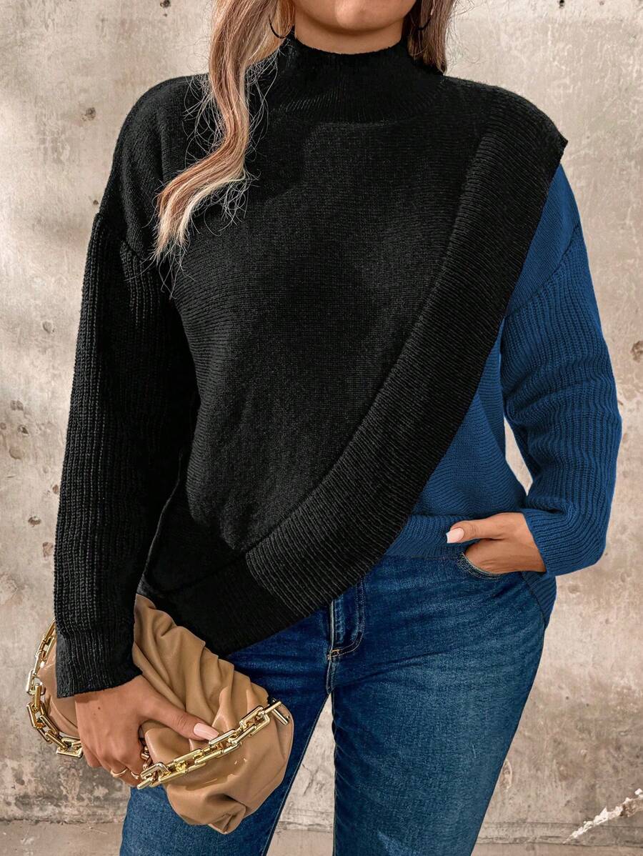 SHEIN LUNE Plus Size Contrast Color Crisscross Wrap High Neck Casual Pullover Sweater, For Winter Knit Pullover Fall - Navy Blue - View 1