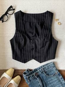 SHEIN EZwear 秋冬细条纹单排扣短款马甲（不含衬衫）