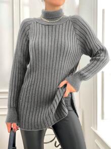 EURMUSE Women Solid Color Turtleneck Ribbed Casual Pullover Sweater - Light Grey - View 4