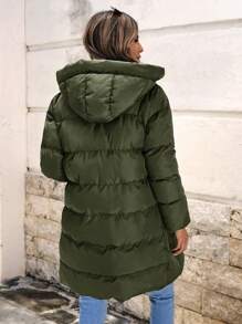 EURMUSE Women Solid Color Hooded Long Sleeve Padded Coat With Pockets For Winter - Hijau Tentara - View 2