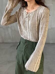 FRIFUL Women Casual Solid Color Ribbed Twist Collar Loose Long Sleeve T-Shirt, For Spring & Autumn Summer