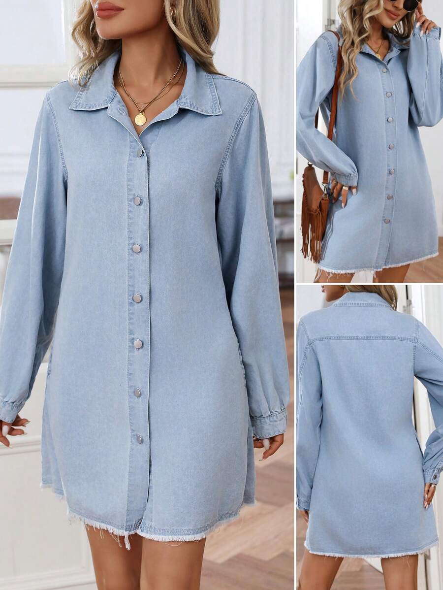 SHEIN LUNE Casual Washed Front Button Denim Dress, Autumn - Light Wash - View 1