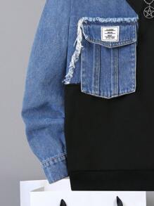 SHEIN 2 件套青少年男孩休闲牛仔拼布运动衫和运动裤，时尚流行街头风格时尚牛仔套装 - 彩色 - 查看 8