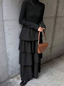 FRIFUL Váy dài tay họa tiết bèo nhún đơn giản, tối giản dành cho nữ, mùa thu, quần áo nữ mùa thu - màu đen - Xem 3