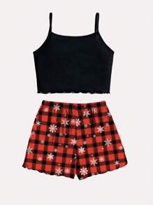 SHEIN 圣诞姜饼、豹纹圣诞树、红格子和雪花印花女童休闲修身吊带背心和短裤睡衣套装，适合夏季 - 彩色 - 查看 2