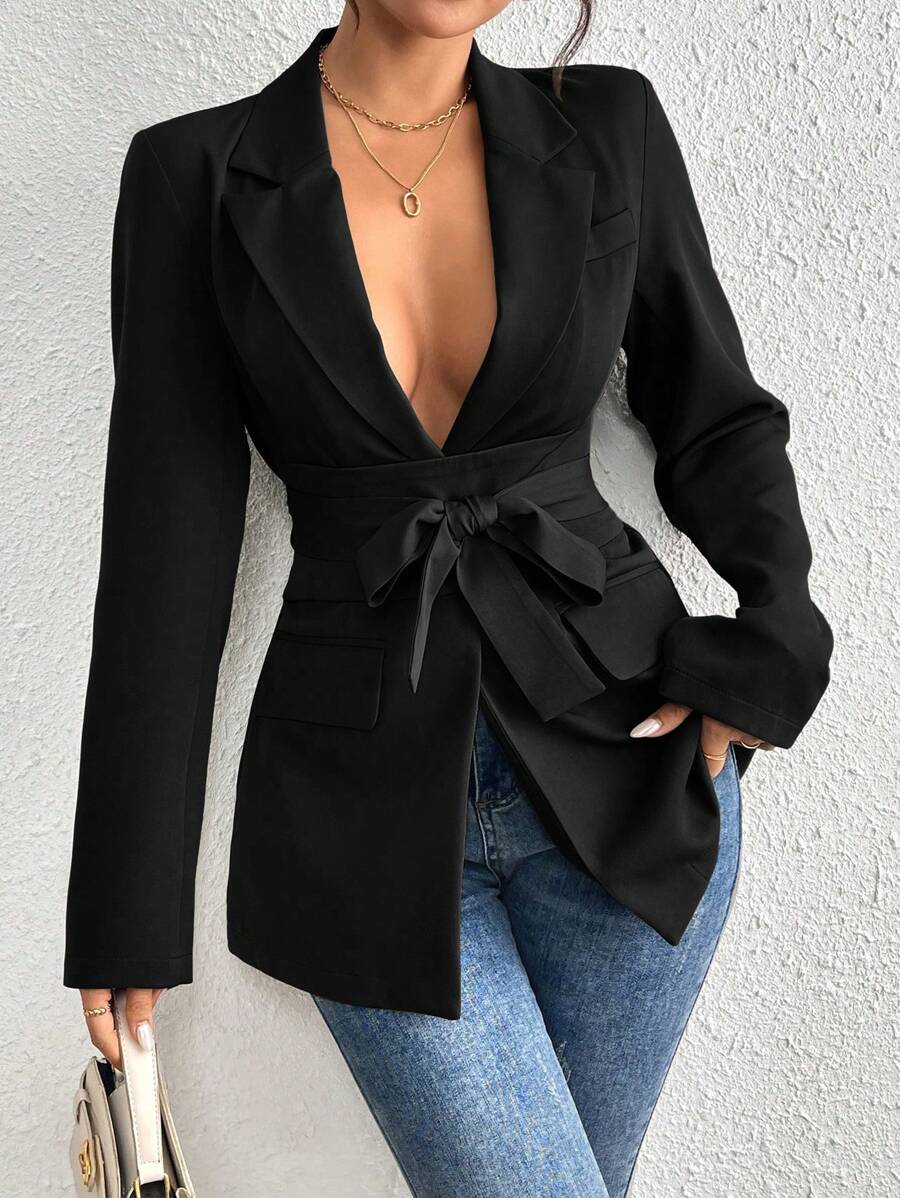 SHEIN PETITE Damen Eleganter Blazer mit einfarbigem Kragen und Langarm
